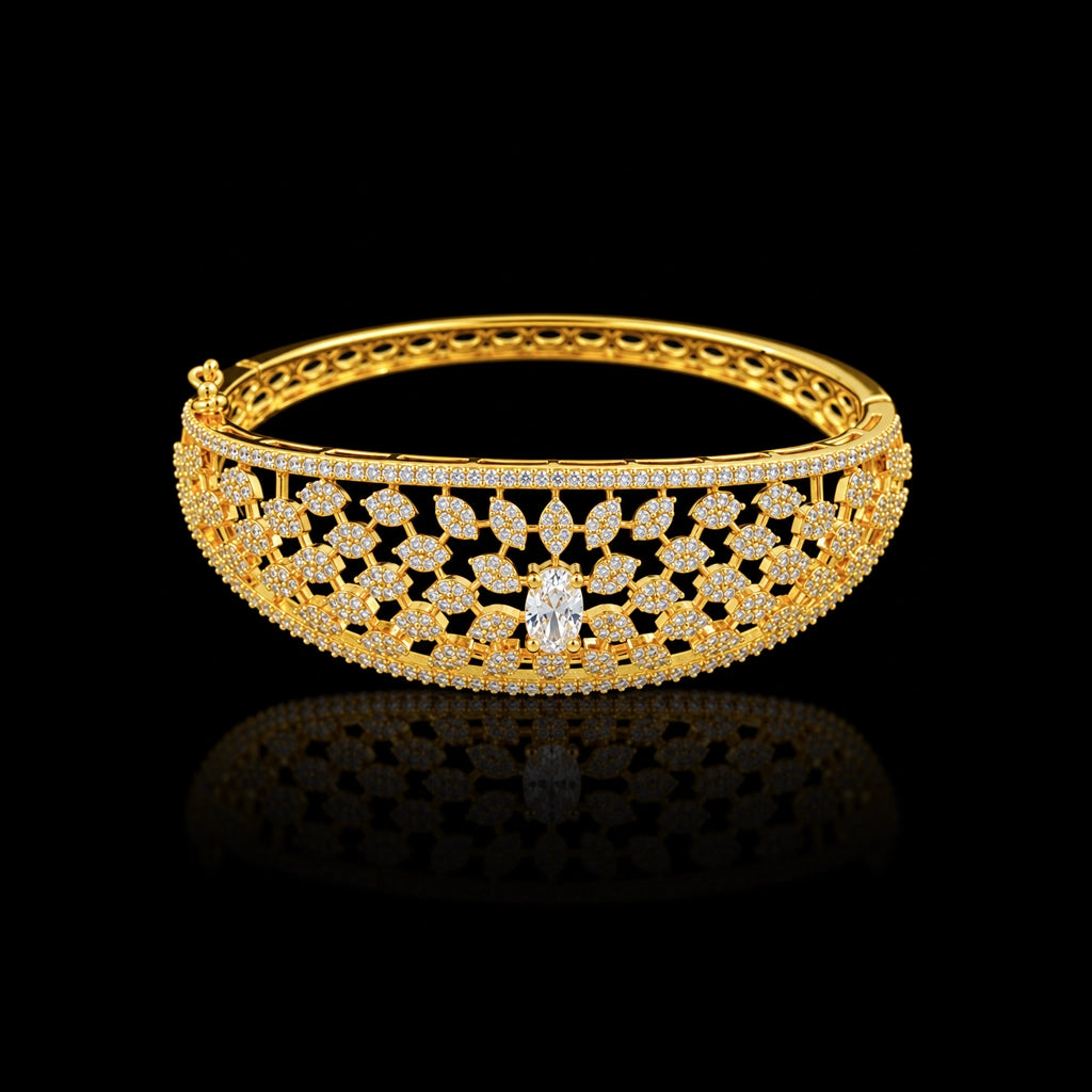 Premium CZ Lattice Leaf Solitaire Openable Bracelet Gold Layered