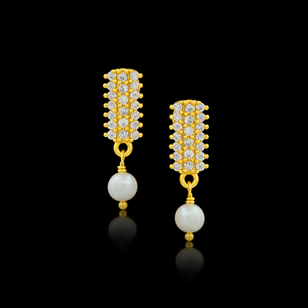 CZ Pave Bar Pearl Drop Hanging Stud Gold Layered