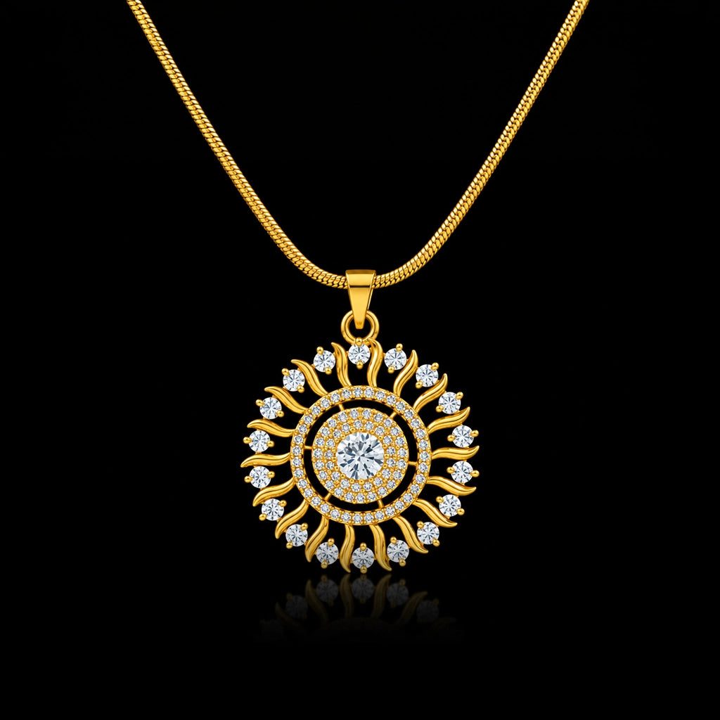 CZ Sun Ray Solitaire Circle Pendant Gold Layered