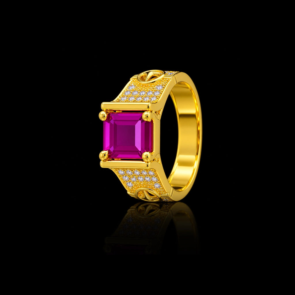 Gents Ruby Colour Solitaire Pave Signet Ring Gold Layered