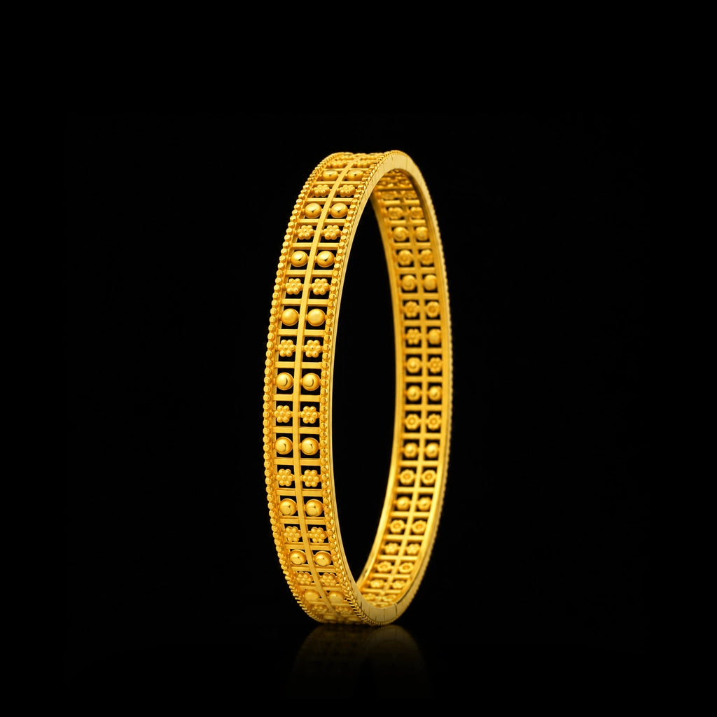 Premium Lattice Granule Floret Broad Bangle Gold Layered