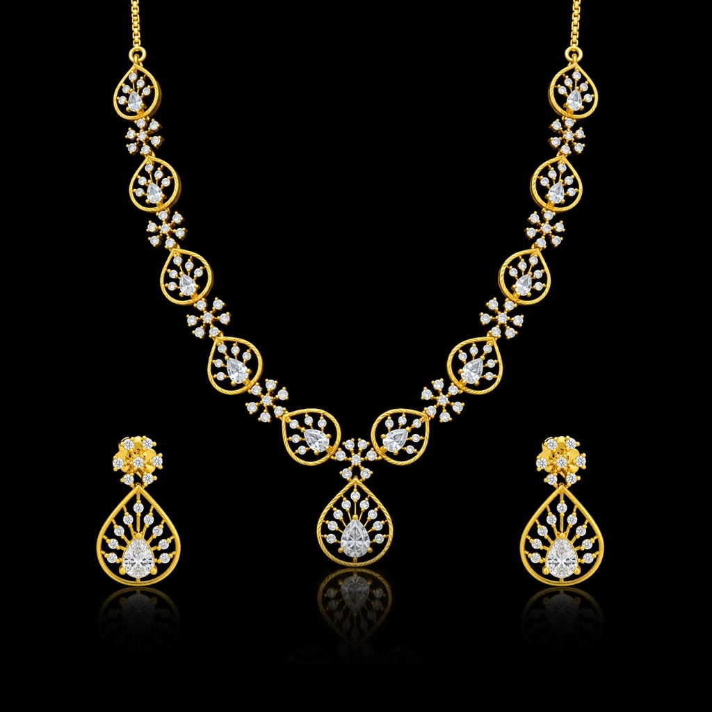 CZ Pear Drop Vine Teardrop Necklace Set Short Gold Layered