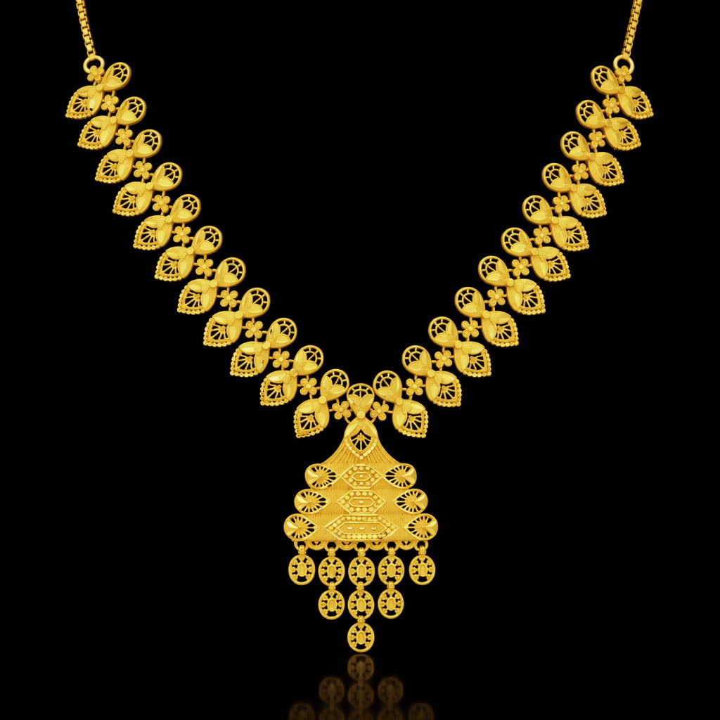 Filigree Leaf Fringe Pendant Necklace Set Short Gold Layered