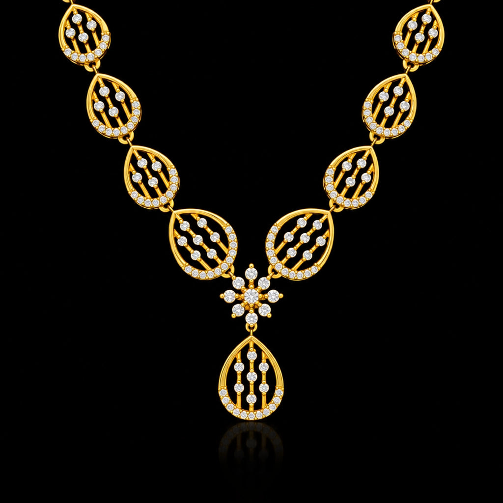 CZ Lattice Teardrop Floret Necklace Set Short Gold Layered