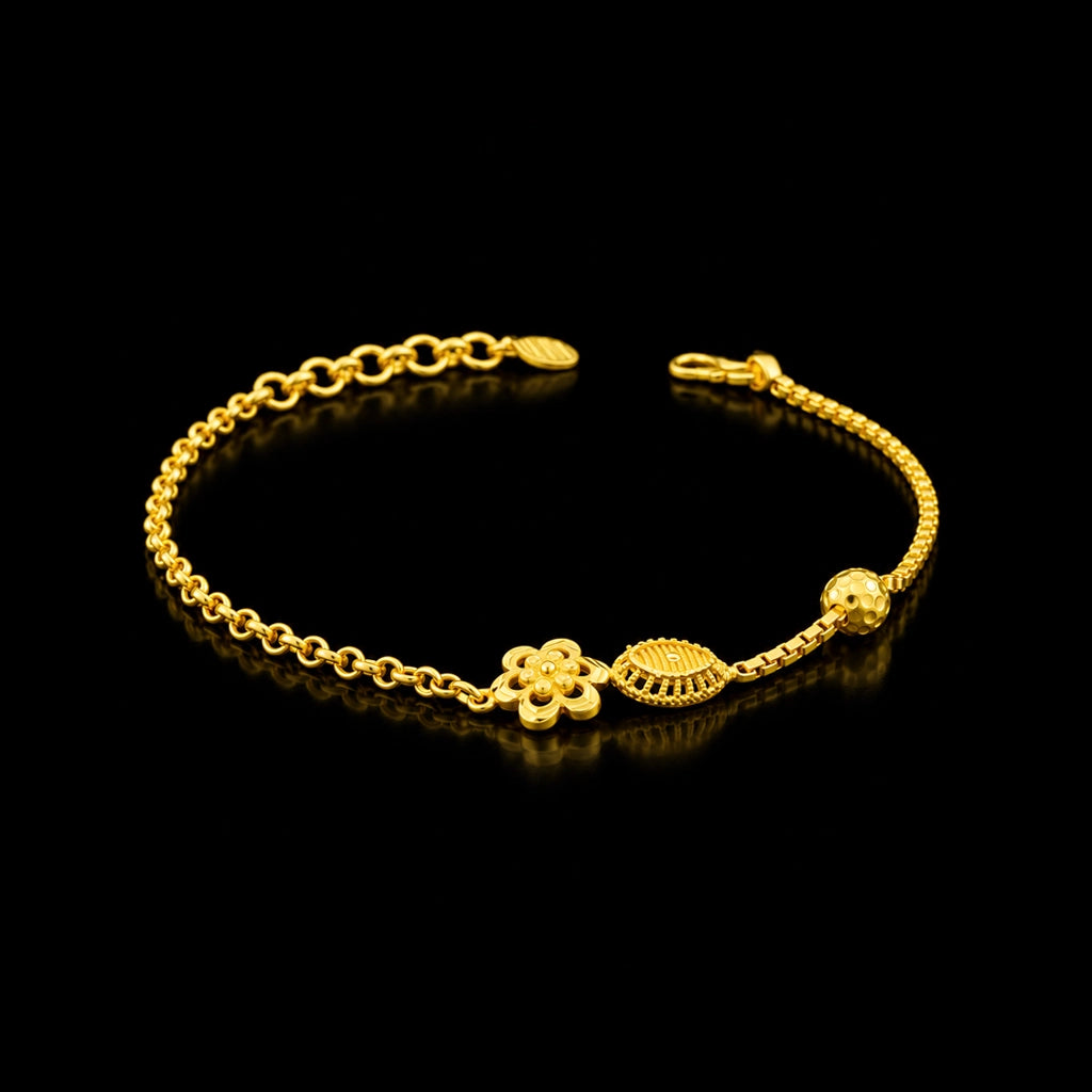Floret Oval Bead Chain Bracelet Gold Layered