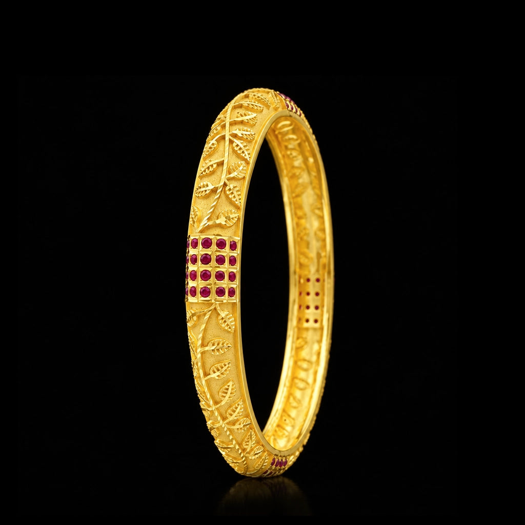 Ruby Colour Vine Leaf Grid Stone Bangle Gold Layered