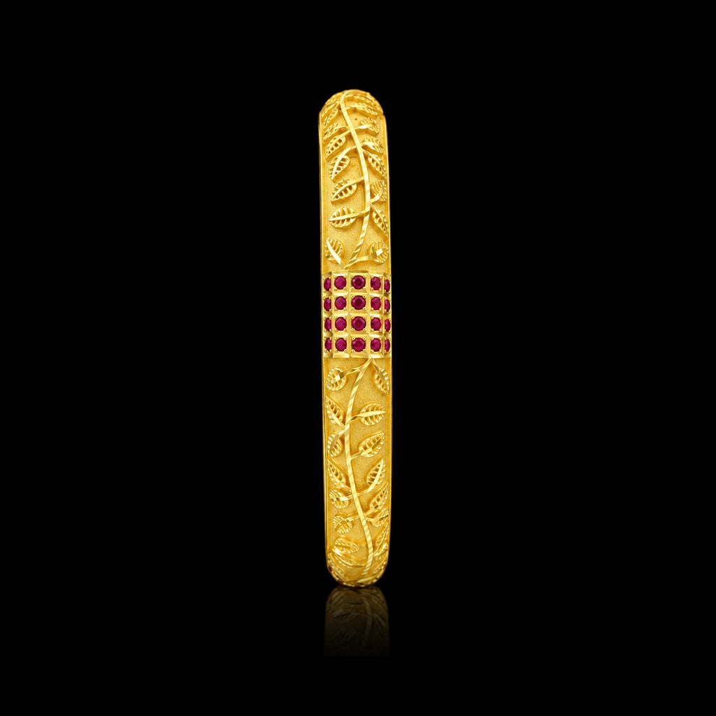 Ruby Colour Vine Leaf Grid Stone Bangle Gold Layered