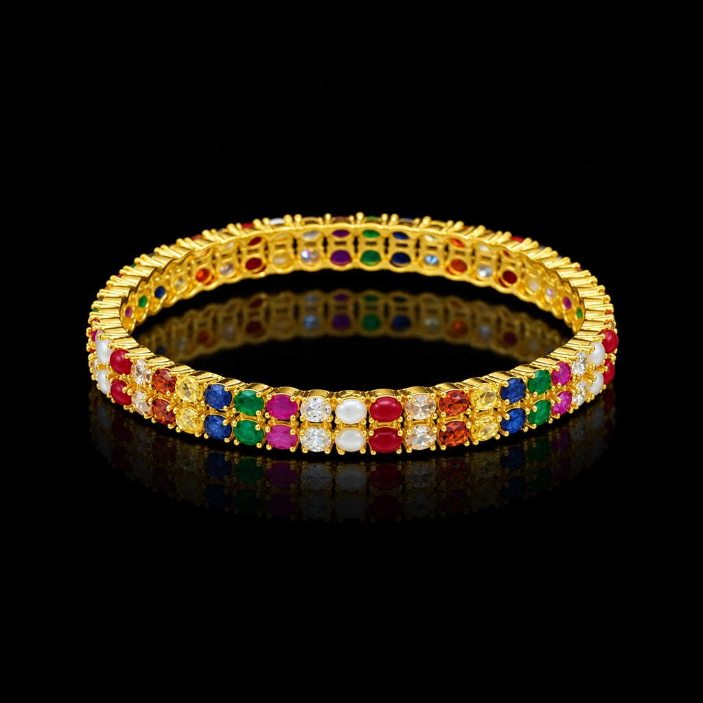 Navaratna Twin Row Stone Bangle Gold Layered