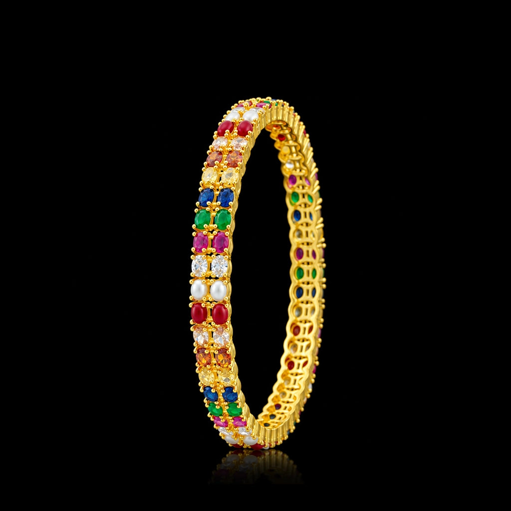 Navaratna Twin Row Stone Bangle Gold Layered