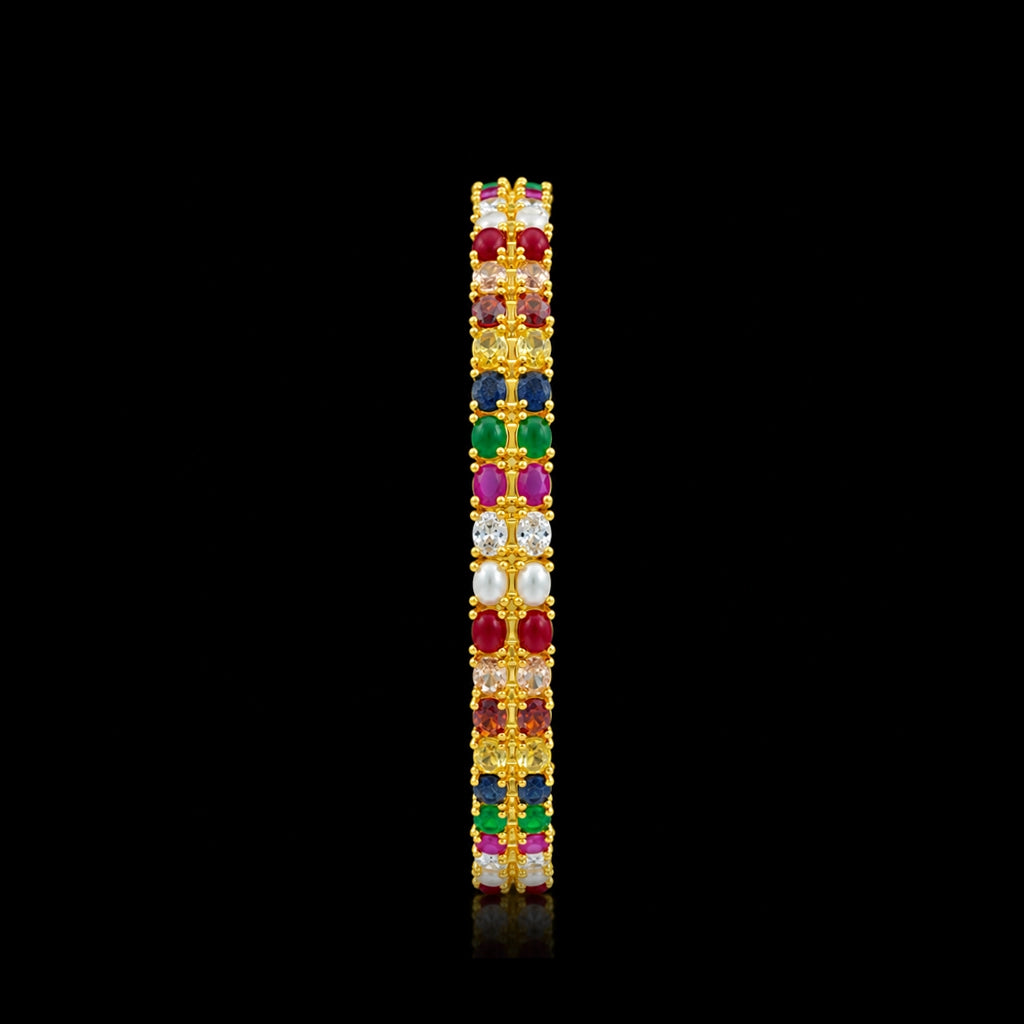 Navaratna Twin Row Stone Bangle Gold Layered