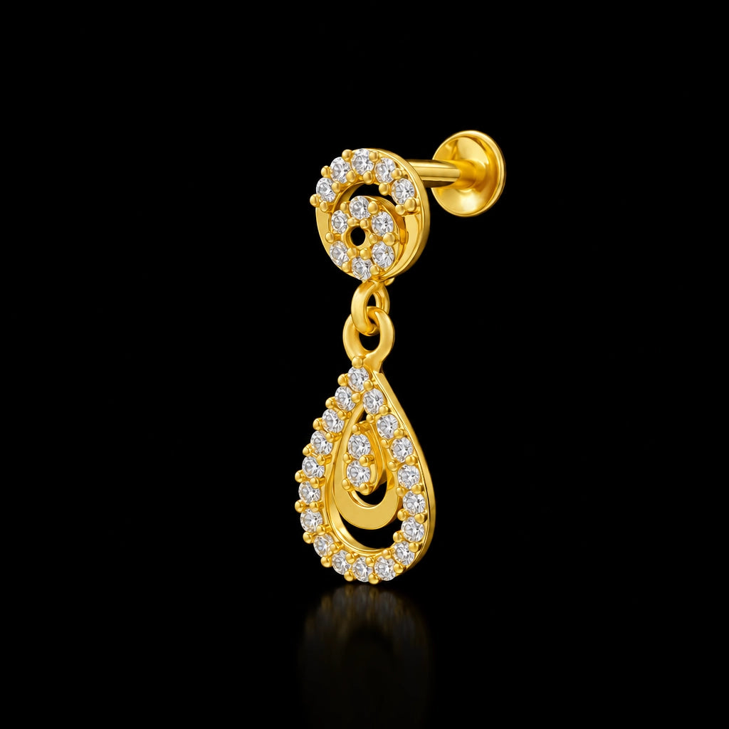 CZ Pave Drop Curl Hanging Stud Gold Layered