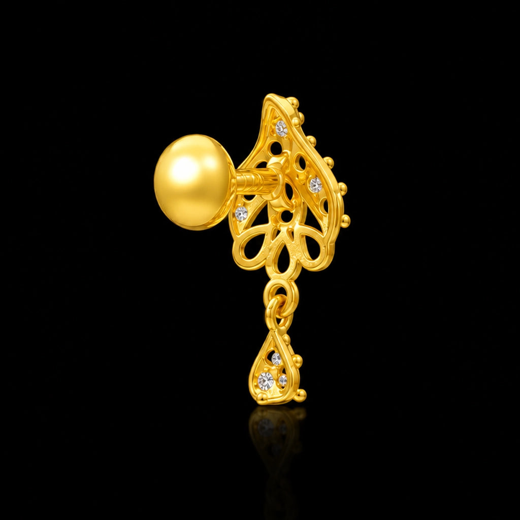 CZ Leaf Scroll Drop Hanging Stud Rhodium Finish