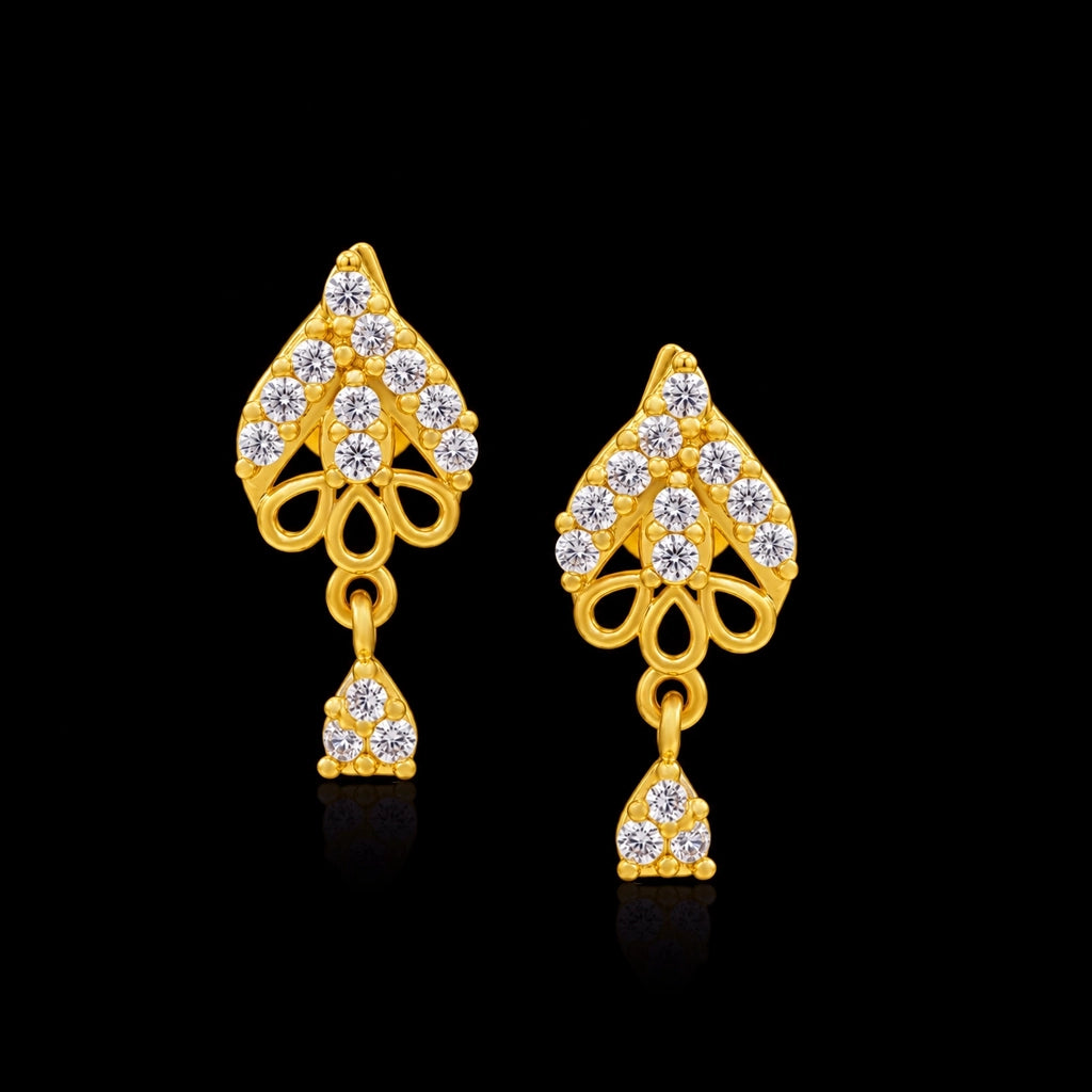 CZ Leaf Scroll Drop Hanging Stud Rhodium Finish