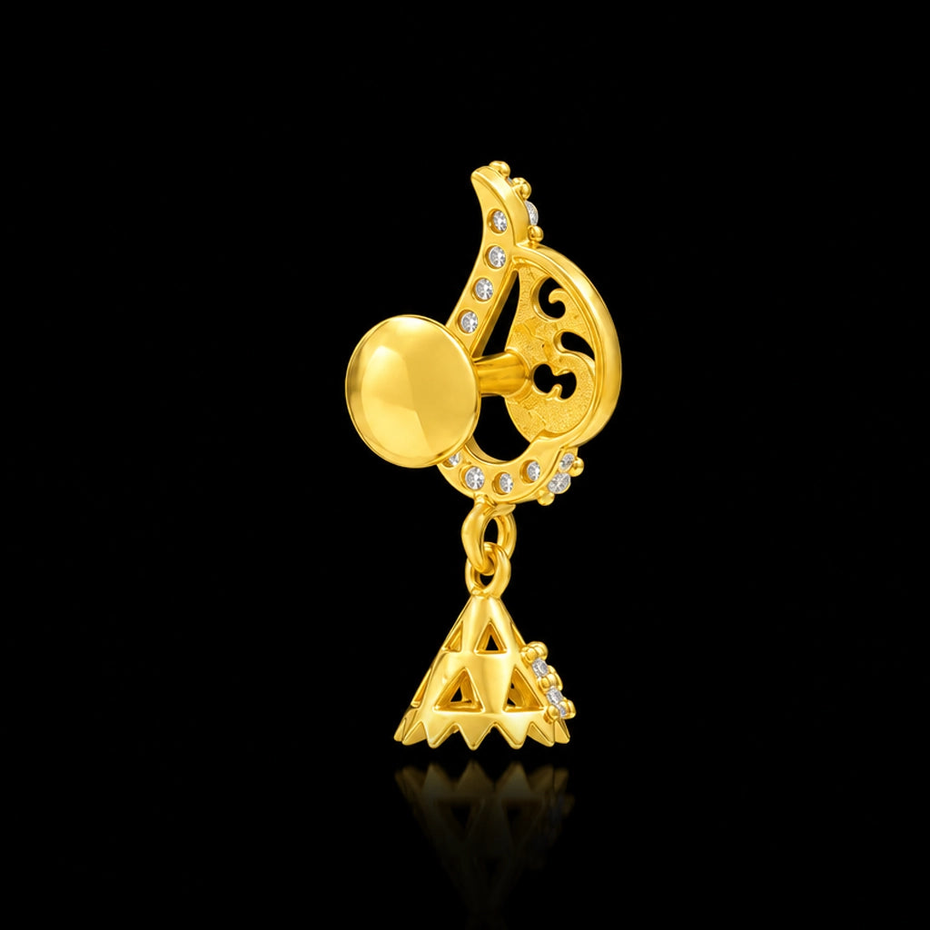 CZ Peacock Curl Drop Hanging Stud Gold Layered