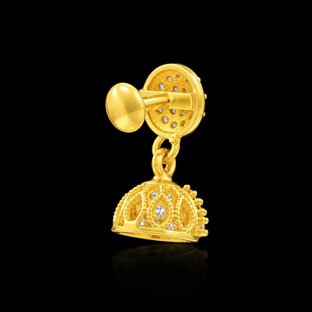 CZ Pave Dome Bell Drop Jimikka Hanging Stud Gold Layered