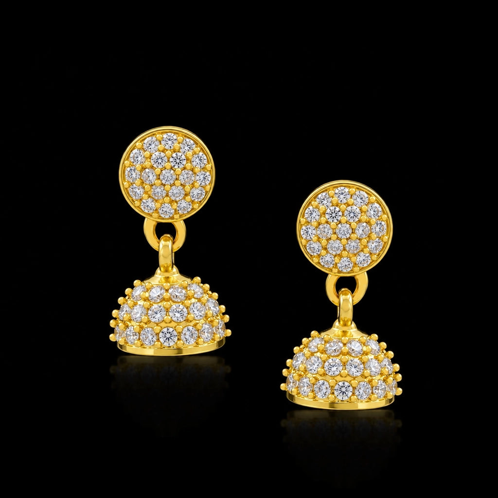 CZ Pave Dome Bell Drop Jimikka Hanging Stud Gold Layered