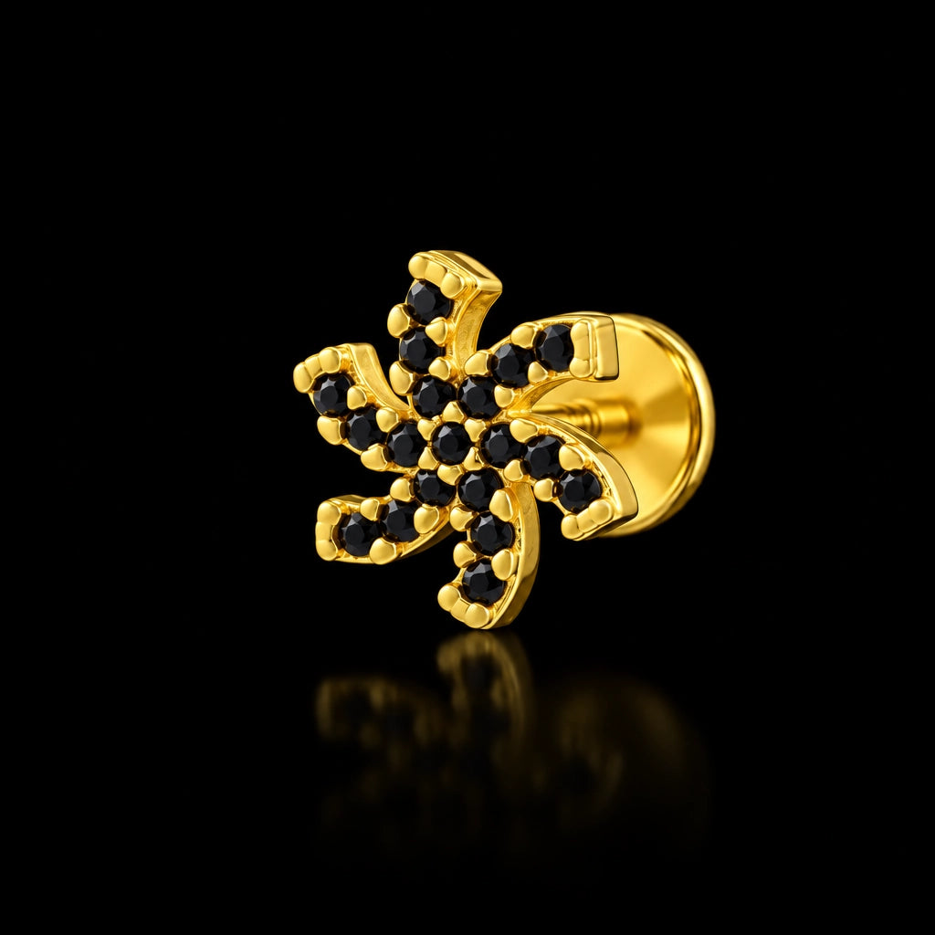 Black CZ Pinwheel Pave Stud Gold Layered