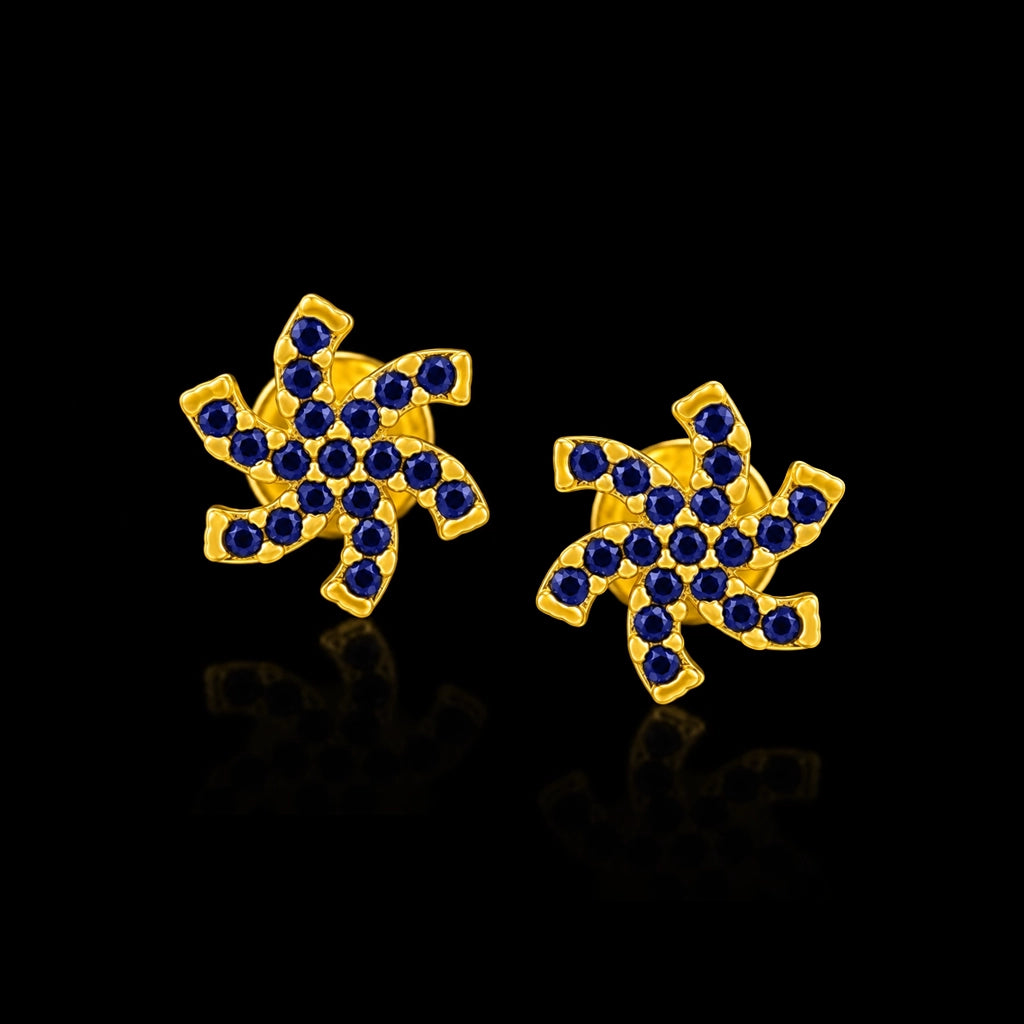 Blue CZ Pinwheel Pave Stud Gold Layered