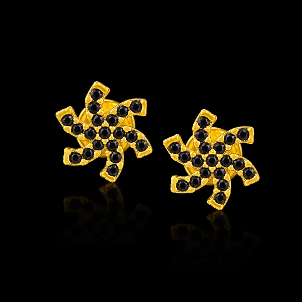 Black CZ Pinwheel Pave Stud Gold Layered