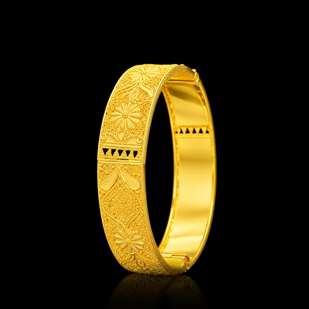 Gold Floral Filigree Panel Hinged Kada Gold Layered