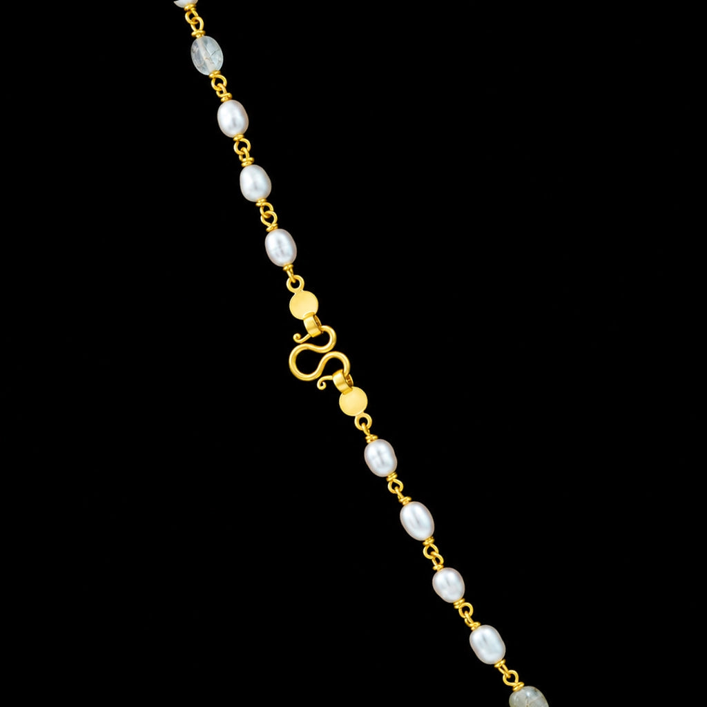 Pearl Navaratna Bead Link Long Chain Necklace Gold Layered