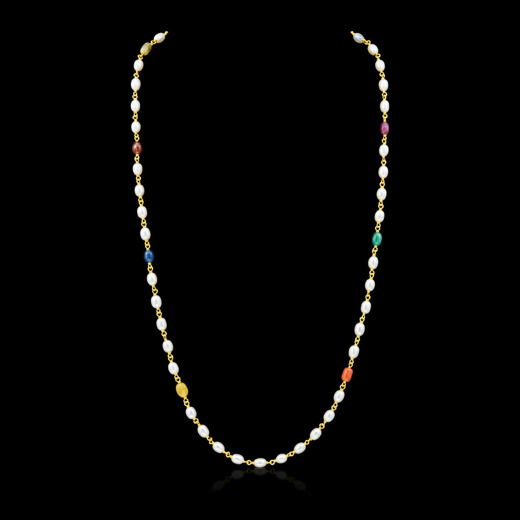 Pearl Navaratna Bead Link Long Chain Necklace Gold Layered