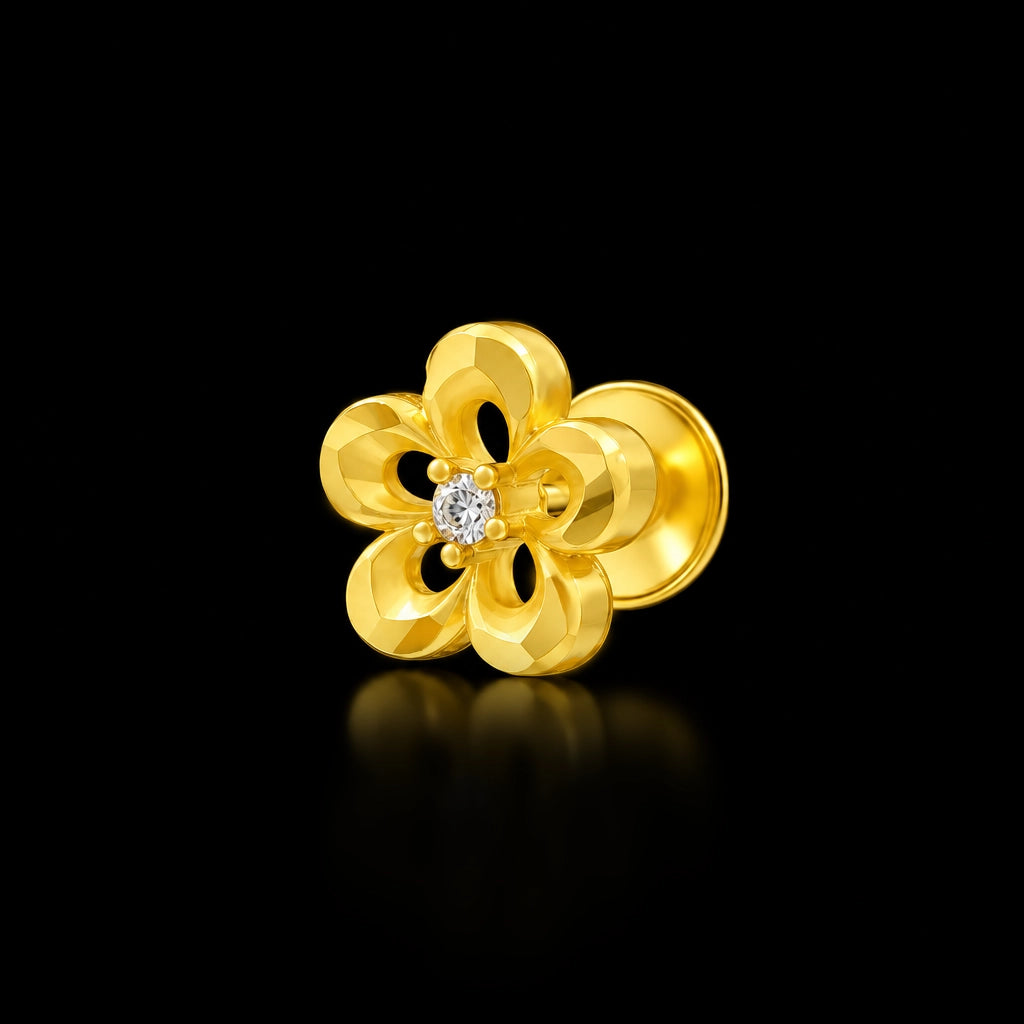 Black Flower Outline Stud Earrings Gold Layered