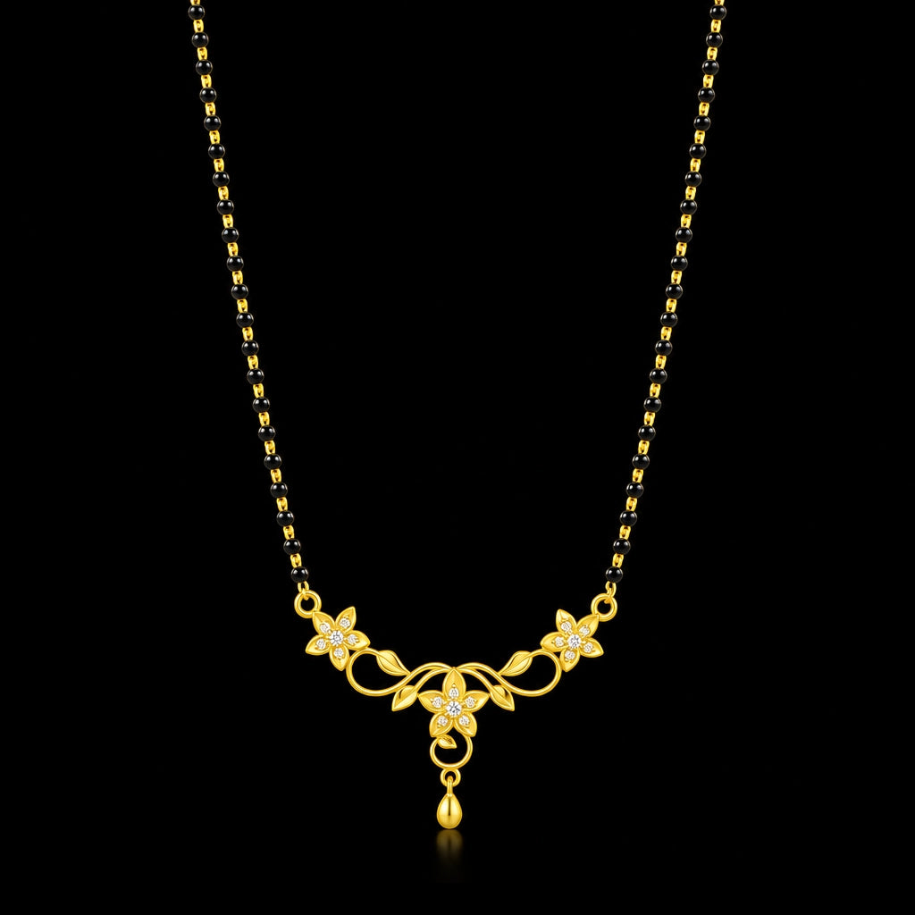 Floral Vine Leaf Drop Black Bead Mangalsutra Pendant with Chain Gold Layered