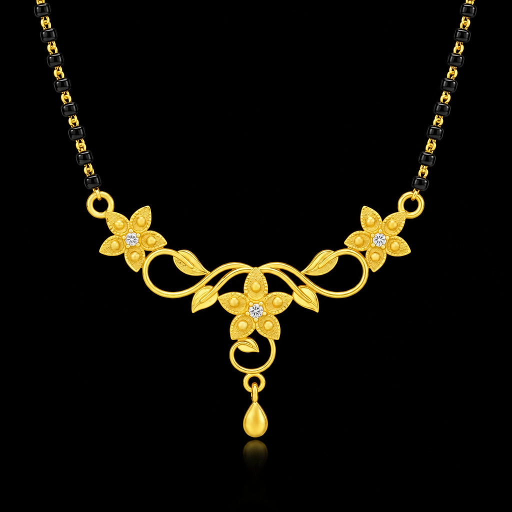 Floral Vine Leaf Drop Black Bead Mangalsutra Pendant with Chain Gold Layered