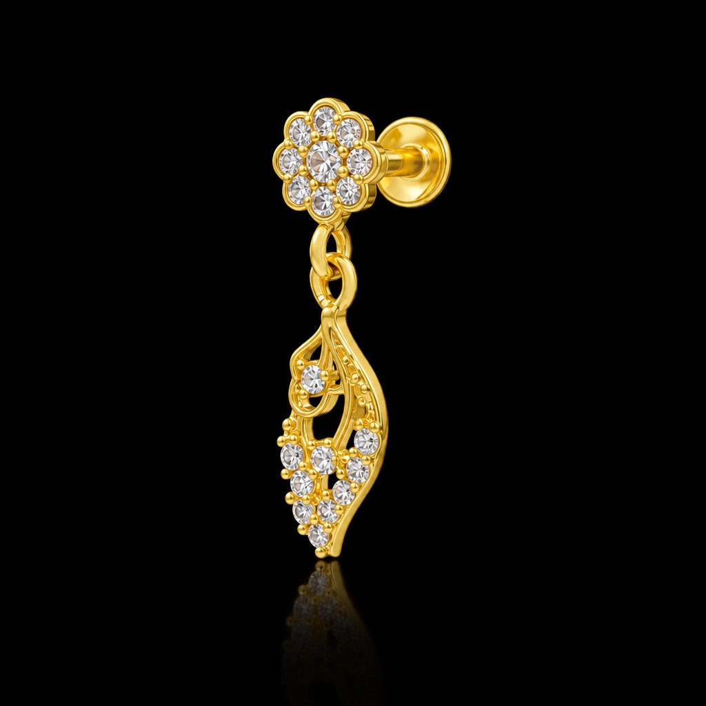 Bloom Leaf Drop Stone Hanging Stud Gold Layered
