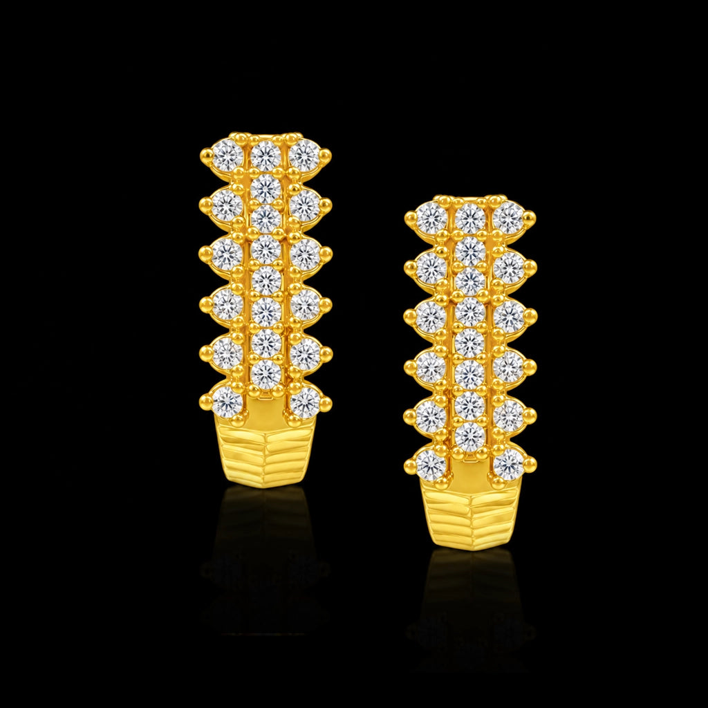 Triple Row Stone Ribbed Base Huggie Stud Gold Layered