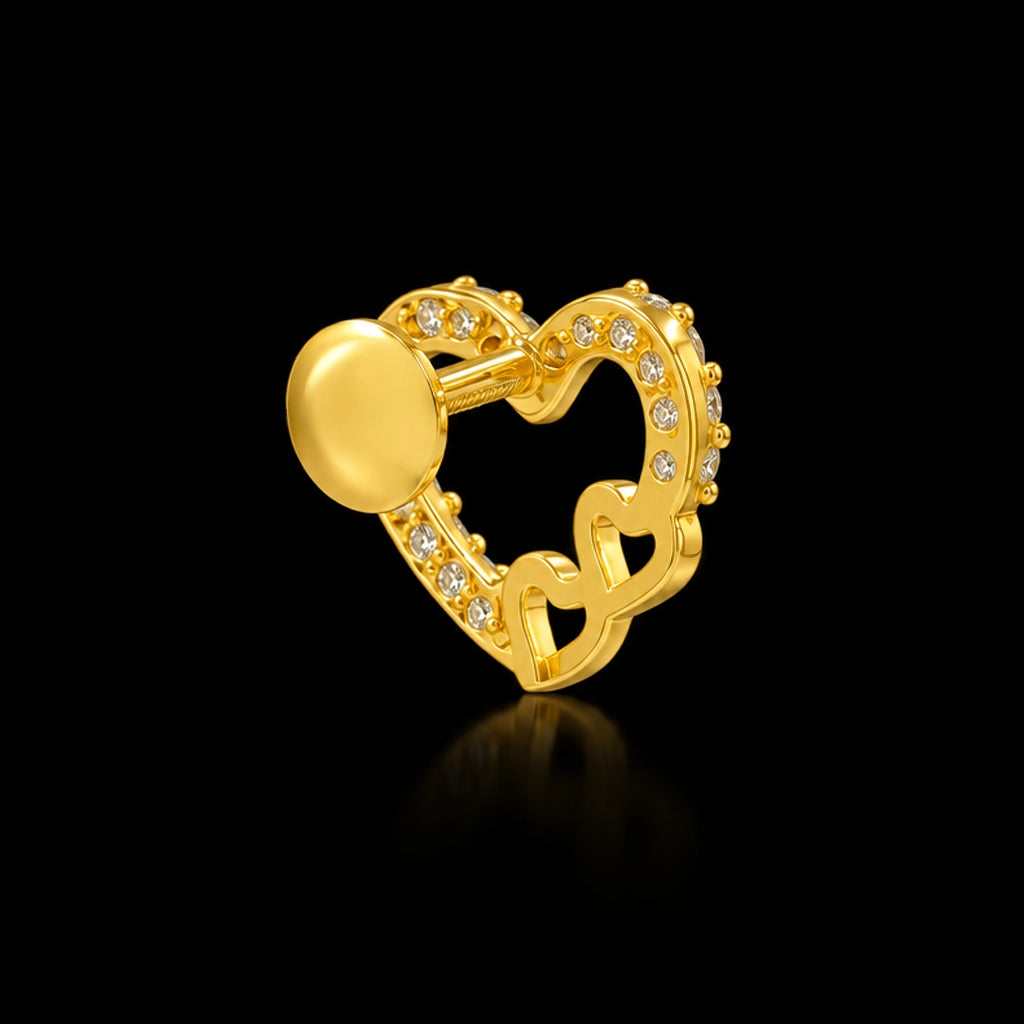 Heart Outline Twin Heart Stone Stud Gold Layered