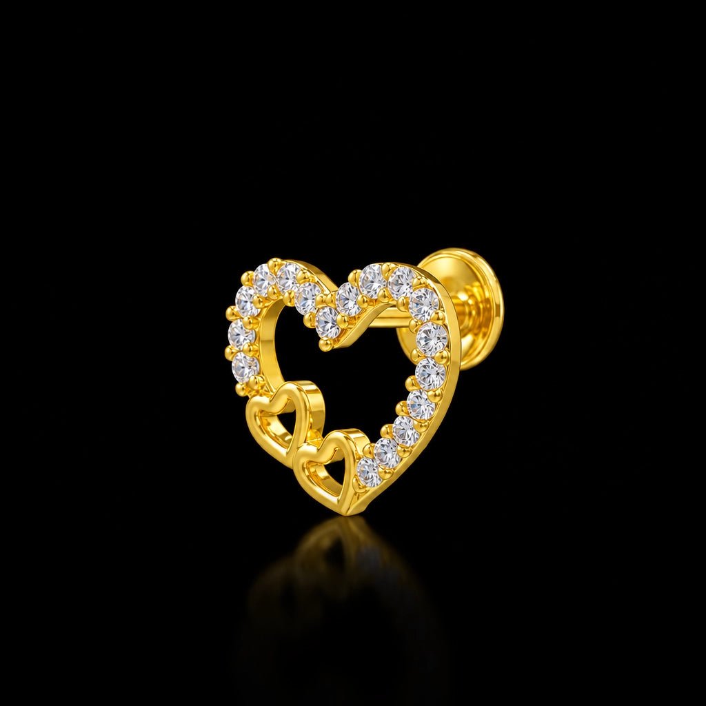 Heart Outline Twin Heart Stone Stud Gold Layered