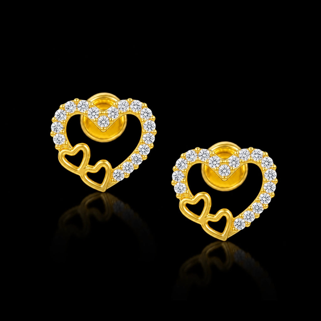 Heart Outline Twin Heart Stone Stud Gold Layered