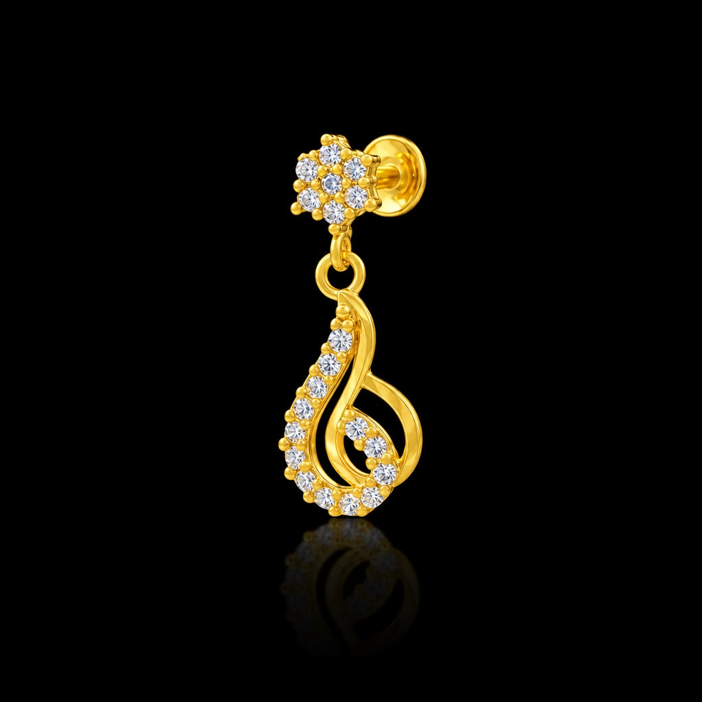 Stone Pave Flower Teardrop Swirl Hanging Stud Gold Layered