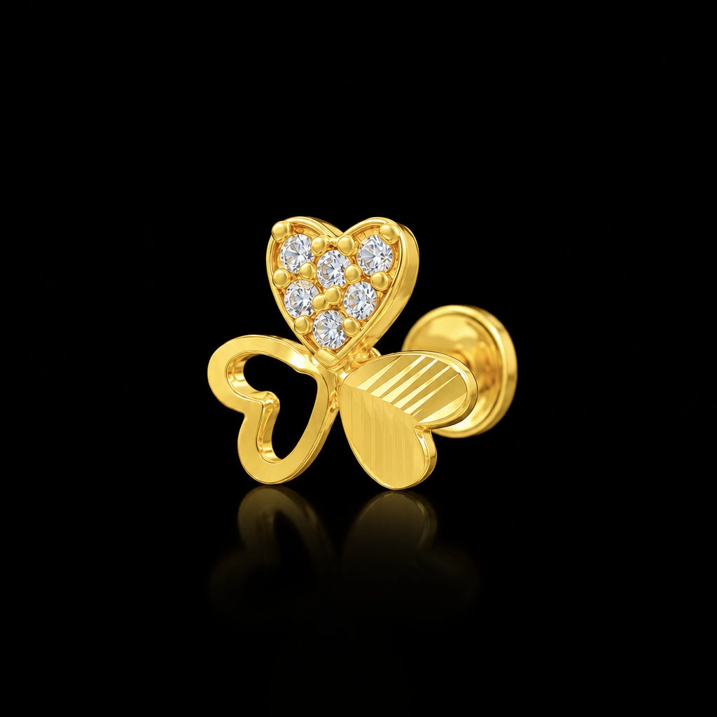 Heart Clover Leaf Diamond Cut Stone Stud Gold Layered