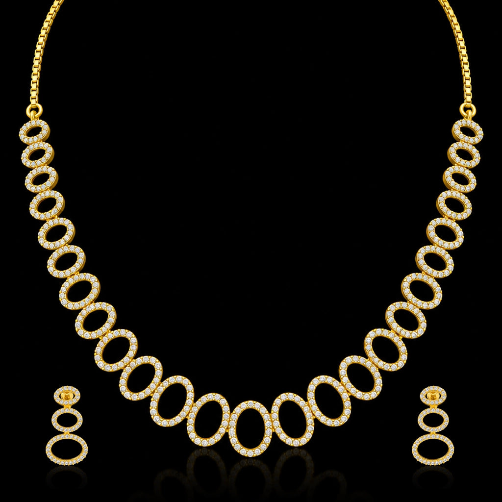 CZ Oval Link Graduated Necklace Set Short Gold Layered