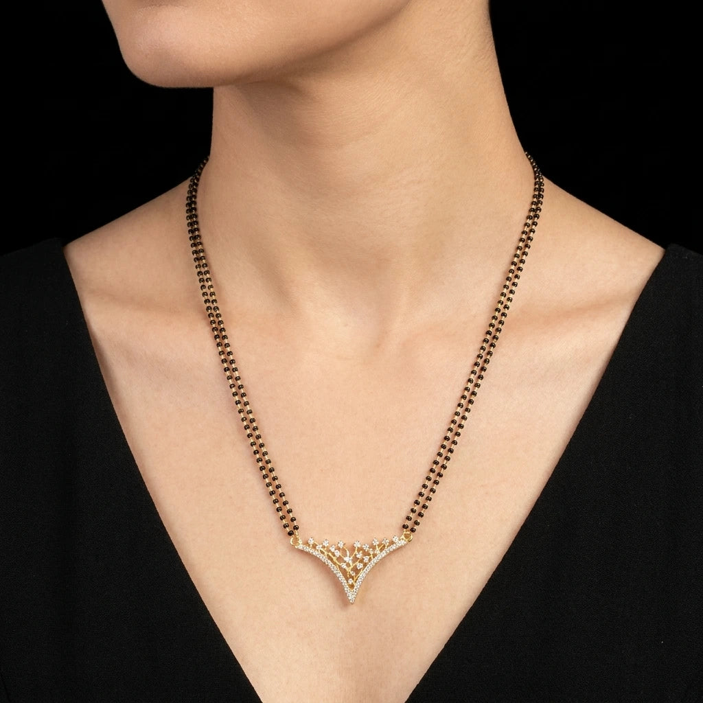Floral Diamond V-Pendant Mangalsutra (Karimani) Chain PLKM15-084