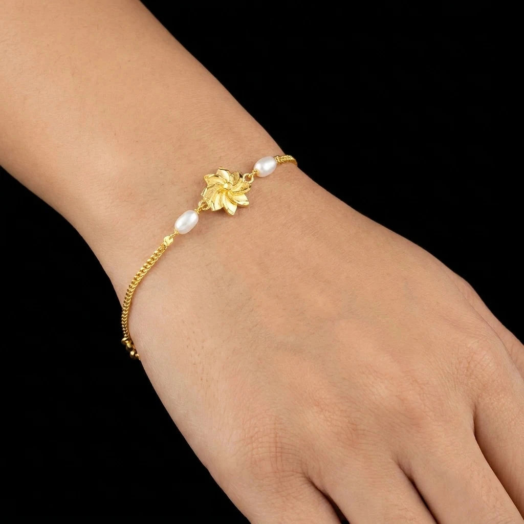 Flower Pearl Centre Stone Bracelet Gold Layered