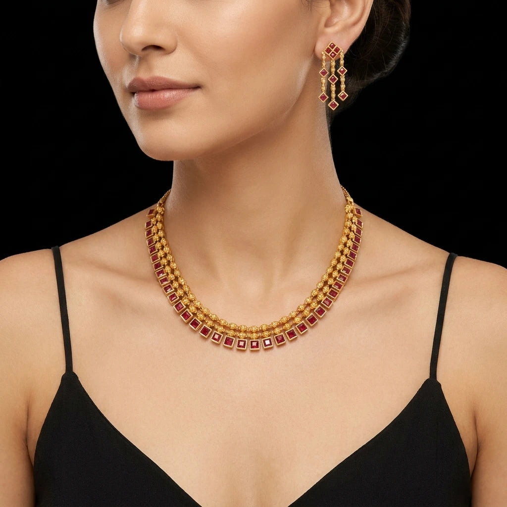 Ruby stone gheru necklace with Stud, PSGRNSSR66R-085, PSGRHSTSR40R-061