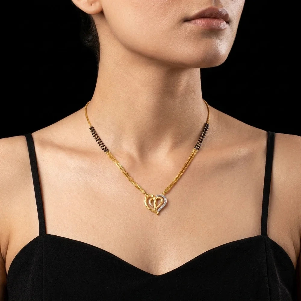 Heart Curl Black Bead Locket Karimani Mangalsutra Gold Layered