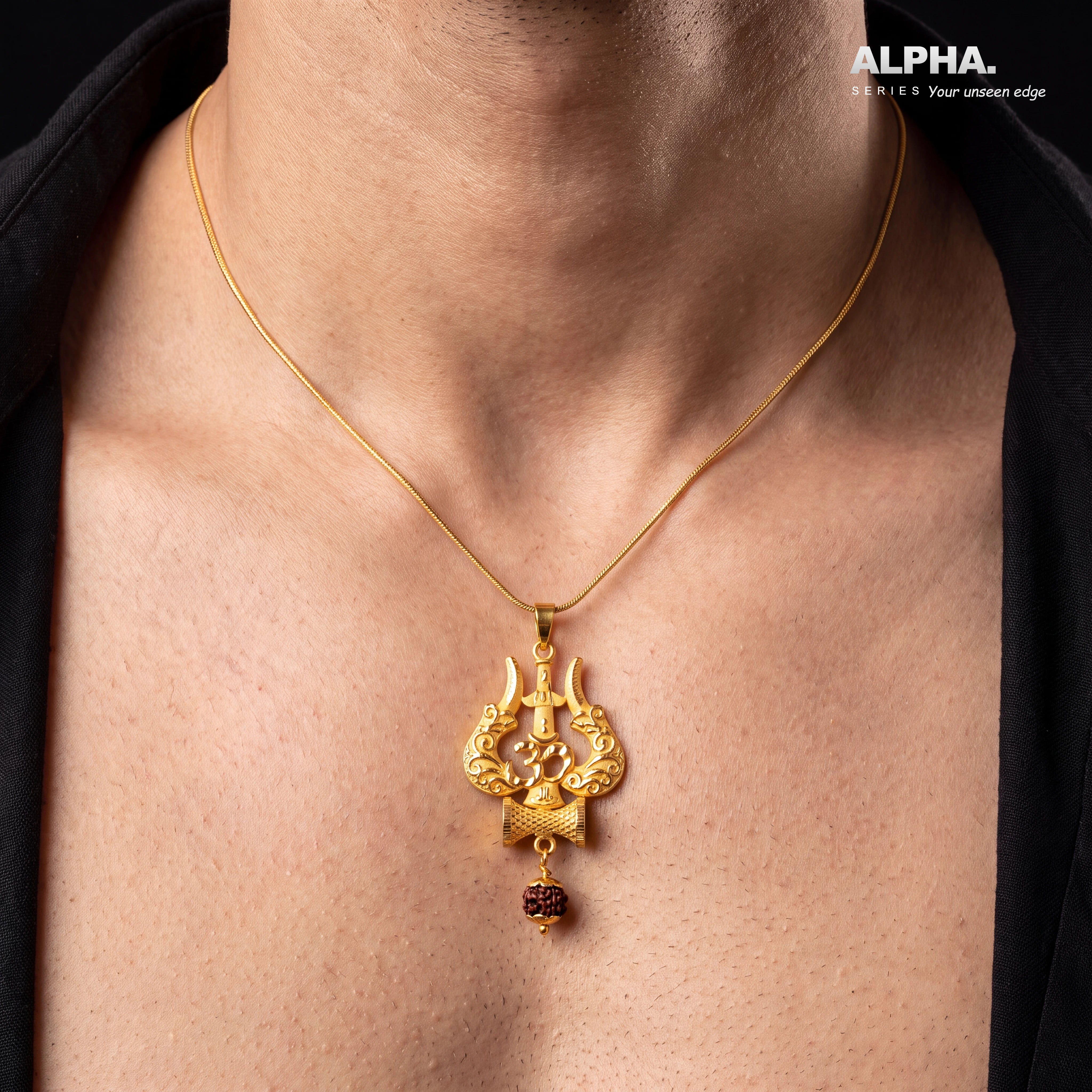 Gold Layered Trishul Om Damru Pendant with Rudraksha Bead PRULT3-072