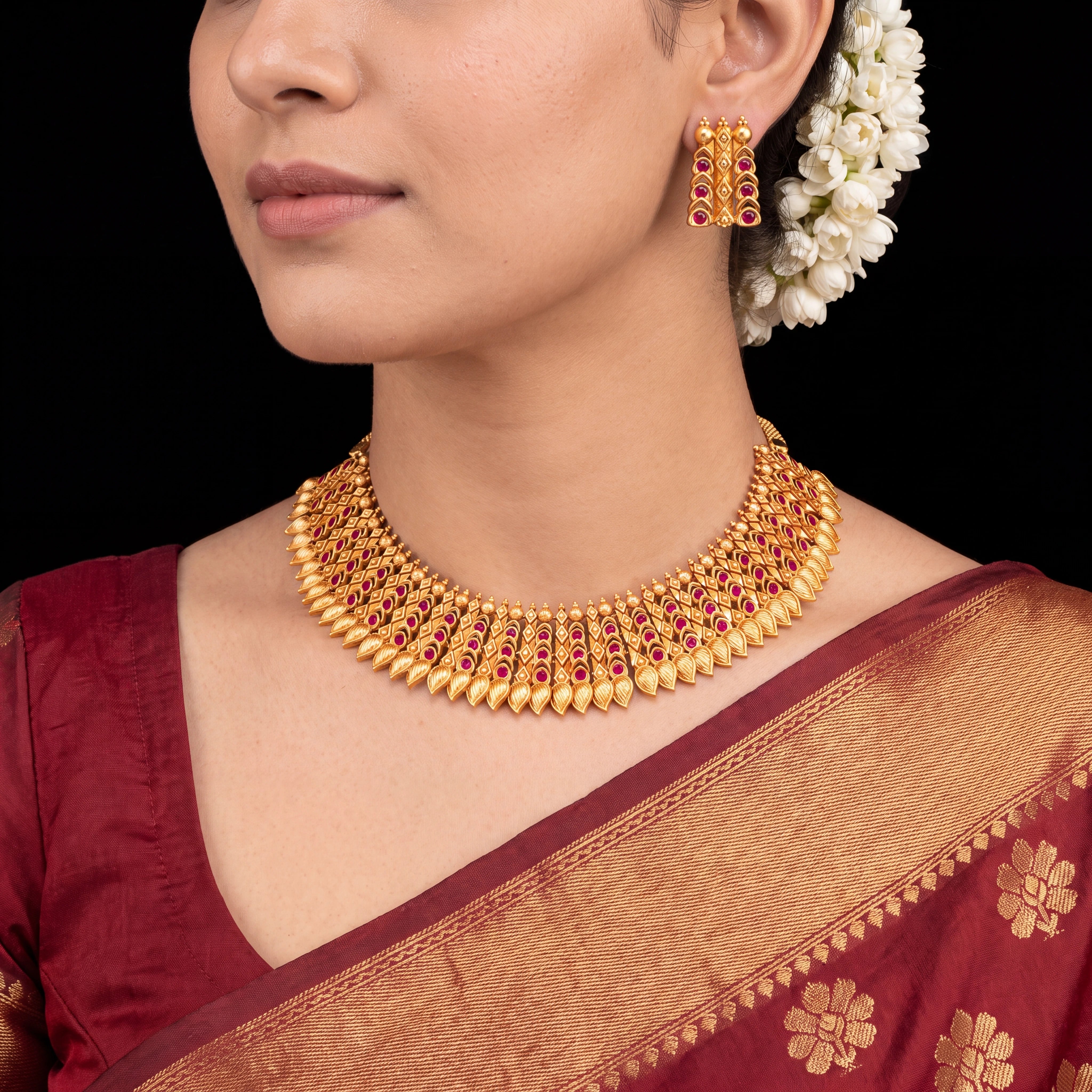 Ruby stone gheru necklace with Stud PSGRNSSR41R-0301, PSGRSTSR34R-041