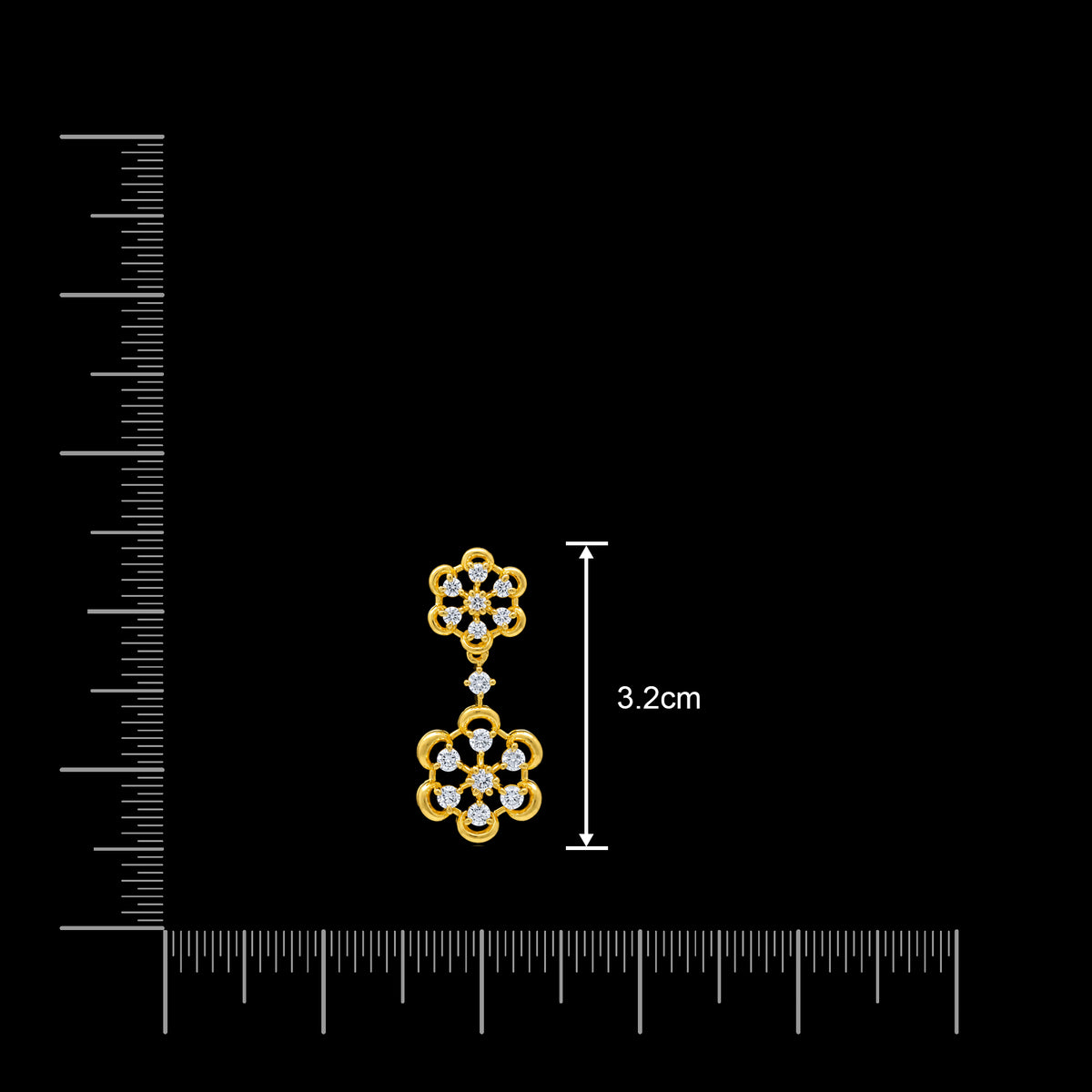 CZ Twin Floret Drop Hanging Stud Gold Layered