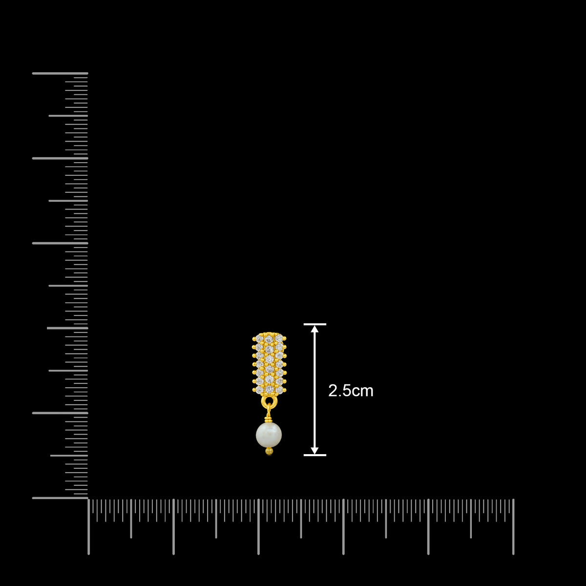 CZ Pave Bar Pearl Drop Hanging Stud Gold Layered