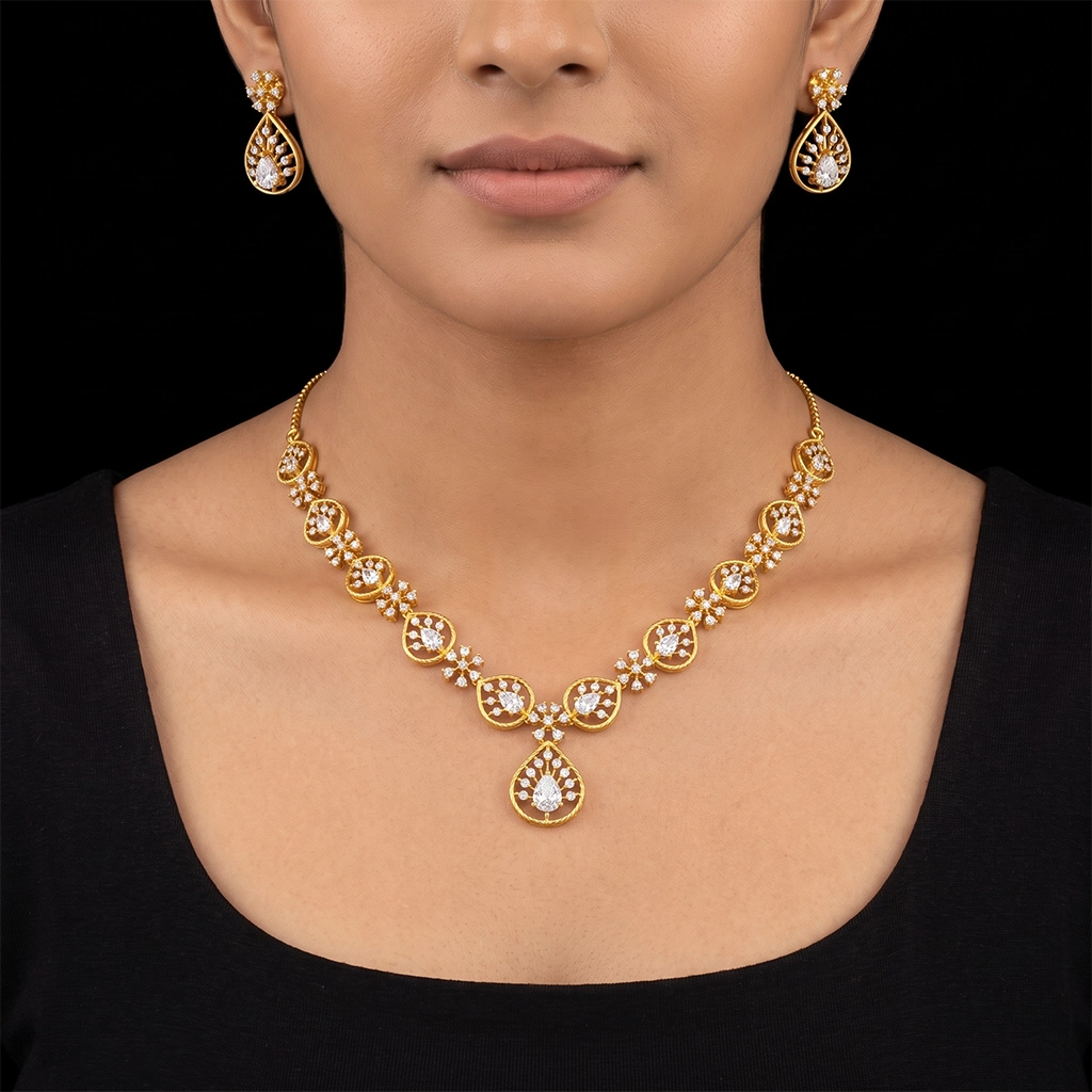CZ Pear Drop Vine Teardrop Necklace Set Short Gold Layered