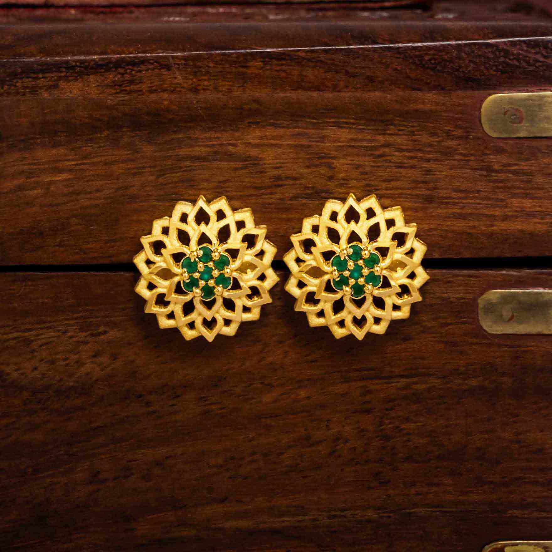 Traditional Green Stone Gold Layered Earrings for Girls