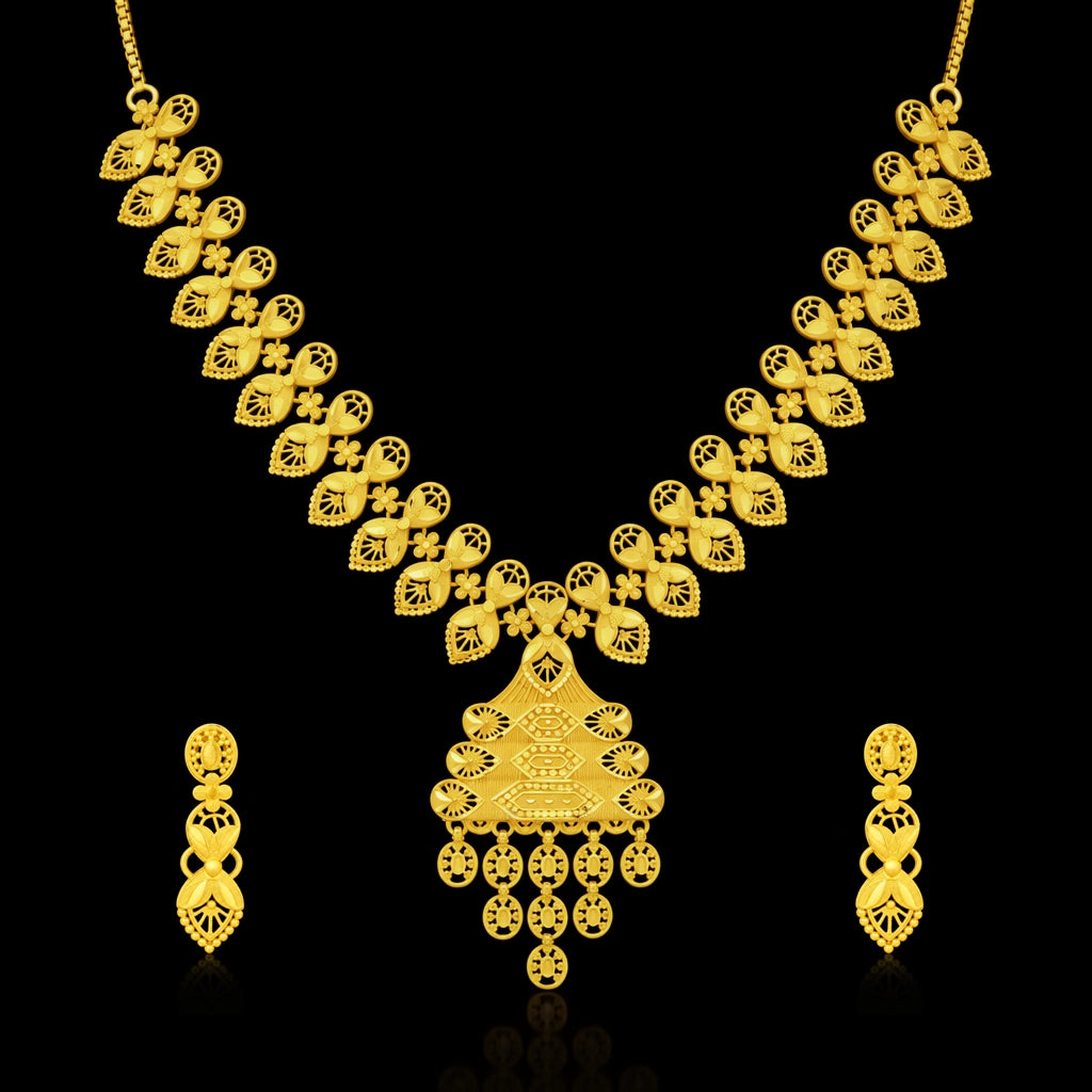 Filigree Leaf Fringe Pendant Necklace Set Short Gold Layered