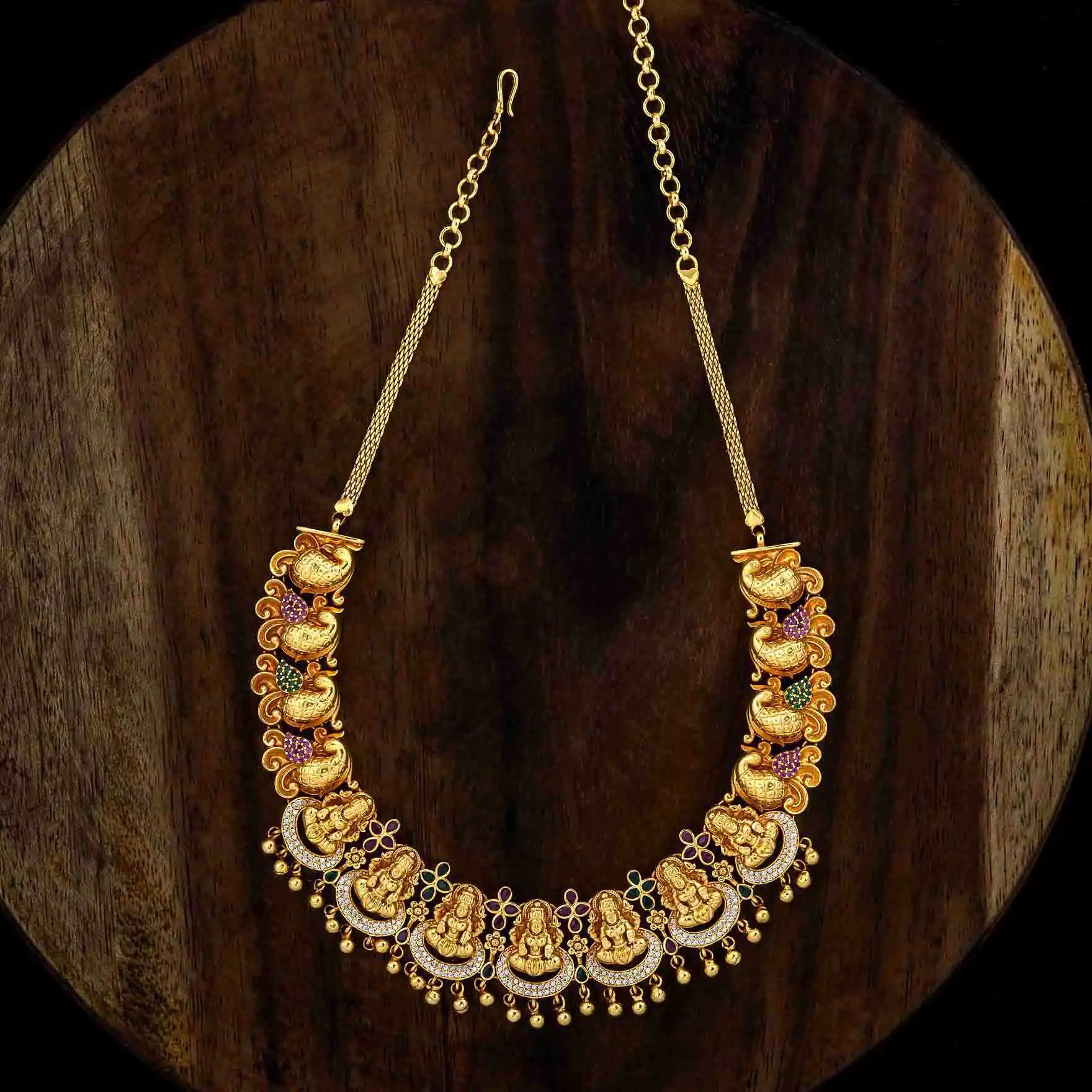 Sreshta Goddess Lakshmi Temple Necklace - Antique Gold Finish with Red & Green Stones — Gold Plat...