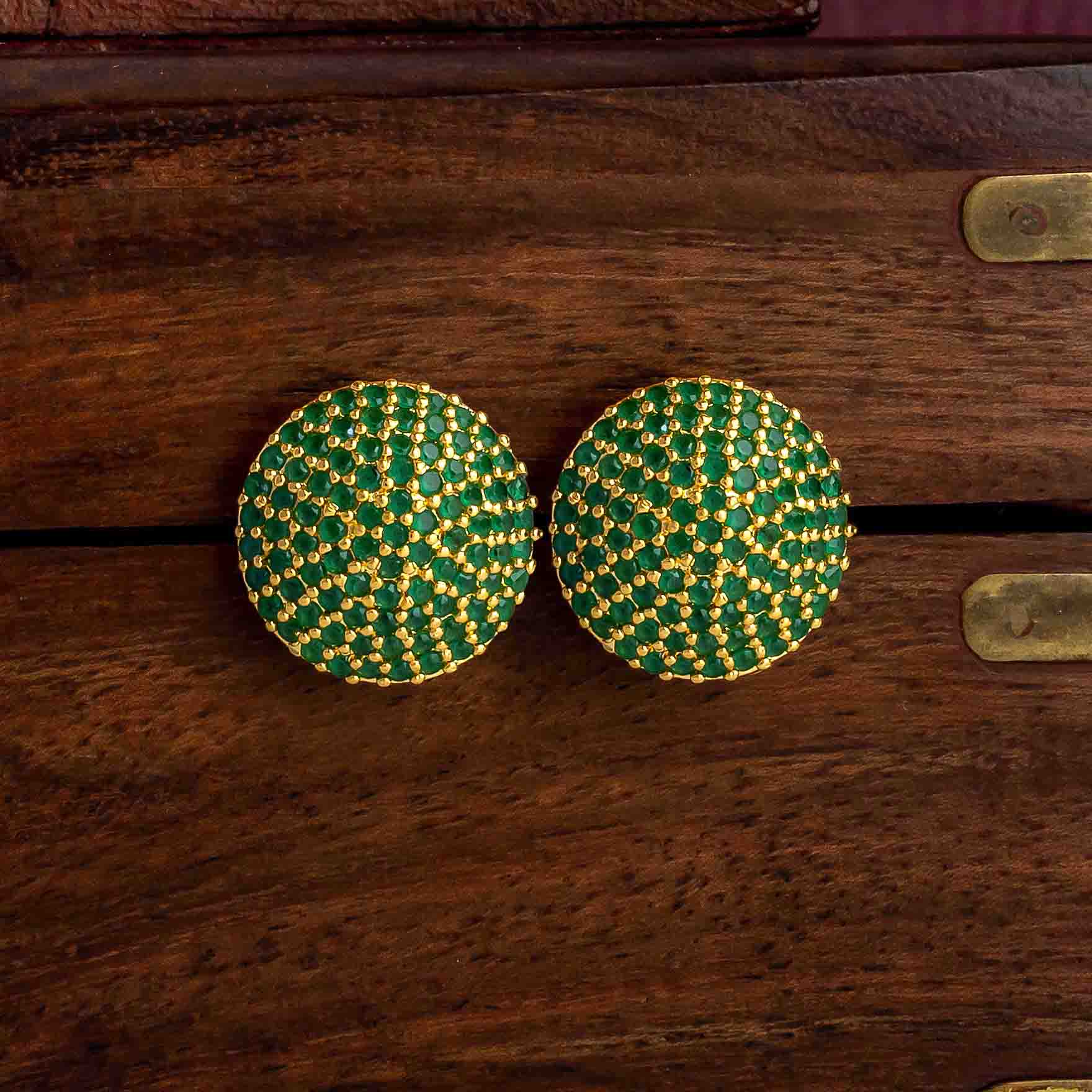 Green Stone Gold Layered Stud Earrings